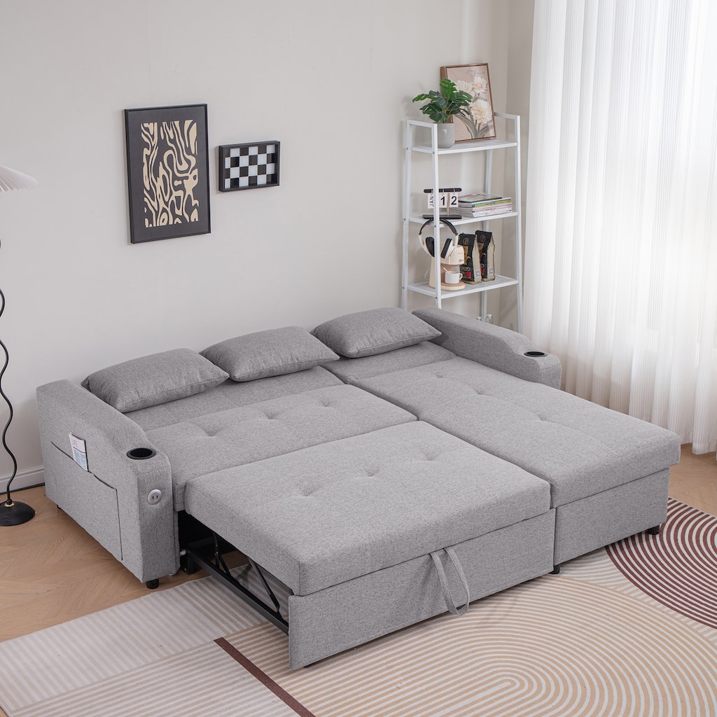 84" Adjustable Backrest Grey Fabric+Metal Sofa Bed, 3 in 1 with USB Ports & Cup Holders, Storage Chaise