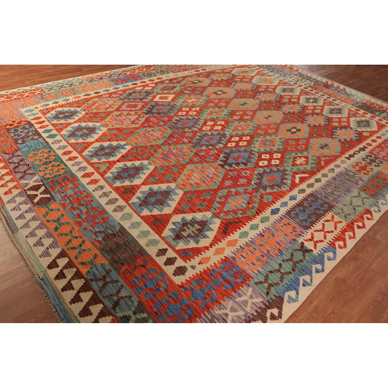Kilim Oriental Area Rug Flatweave Tribal Multi-Color Wool Carpet - 9'10"x 12'10"