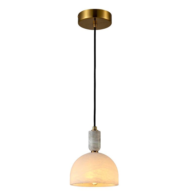 KAYLA Nordic Pendant Light Fixture - Round Alabaster Hanging Lamp with Brushed Brass Finish for Kitchen Island, Dining Room
