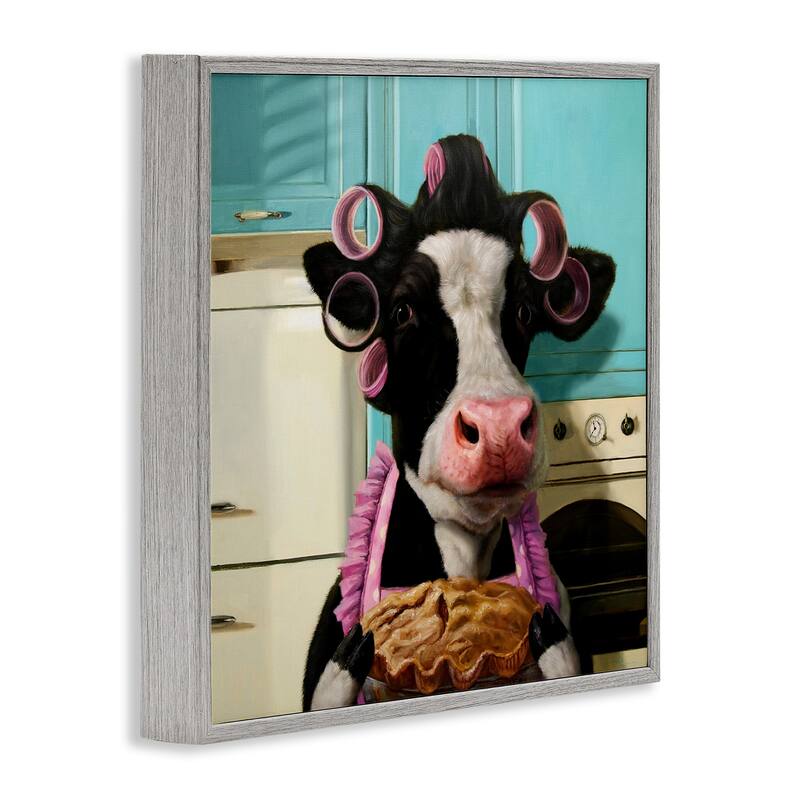 Stupell Glamorous Farm Cow Baking Pie Hair Rollers Framed Wall Art - Blue