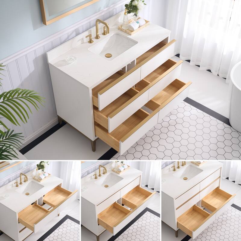 36"/48"/60" W Width Solid Wood Bathroom Vanity with Stain-resistant Carrera White Quartz Top and Sink
