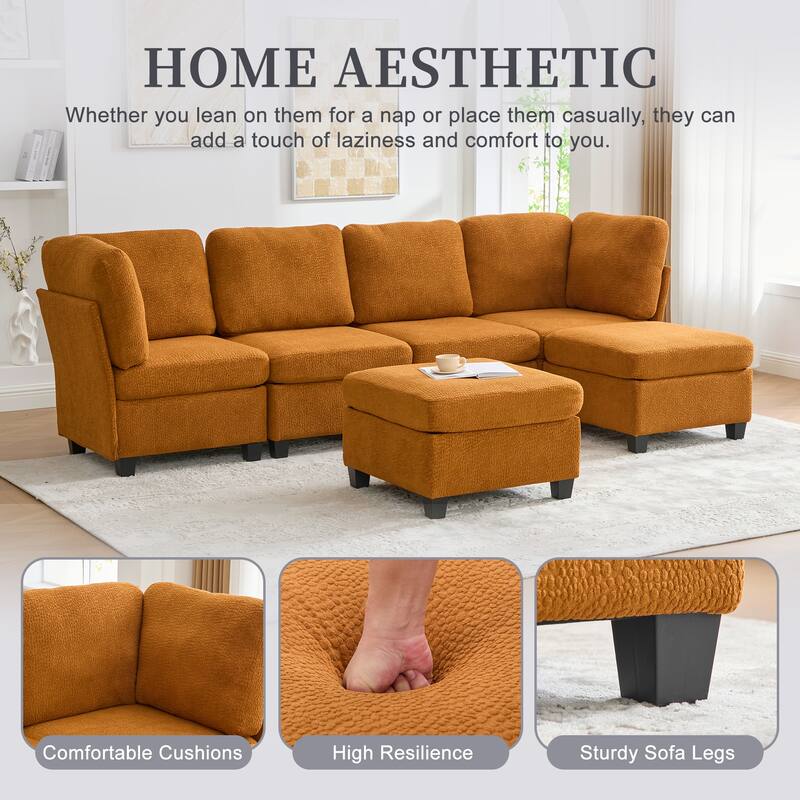 HOMEFUN 6-Seat Polyester Upholstered U-Shaped Modular Storage Sleeper Sectional Sofa with Storage Ottoman