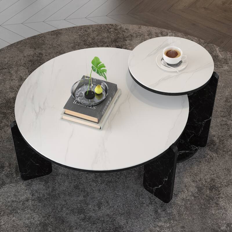 Round Nesting Coffee Table Set of 2, Sintered Stone Top Nesting Tables with Metal Frame, Modern Accent Side Table Set