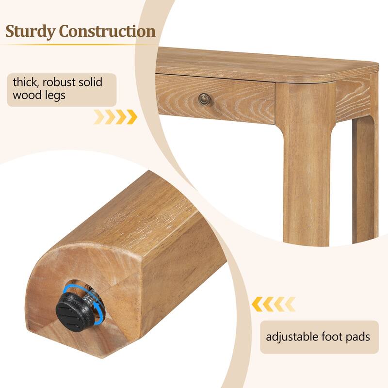 Rustic Console Table with Curved Corners, 3 Concealed Drawers & Thick Wood Legs, Entryway Sofa Table for Hallway & Living Room