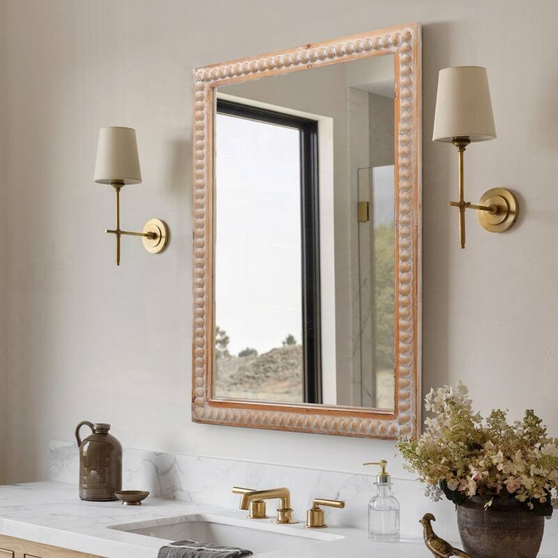 Wooden Frame Wall Mirror Farmhouse Wall Mounted Rectangle Mirror - Antique Natural