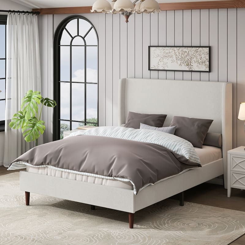 Harper Tall Headboard Upholstered Bed -  Ivory White - Queen