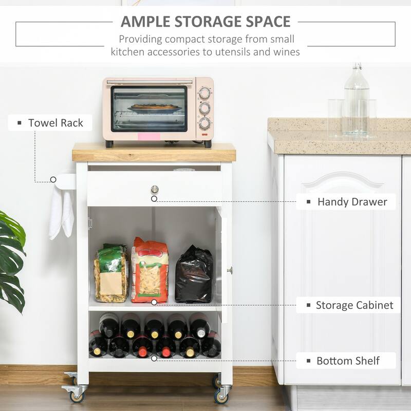 HOMCOM Utility Kitchen Cart, Rolling Kitchen Island with Smooth Rubberwood Top, Narrow Butcher Block Surface on Wheels