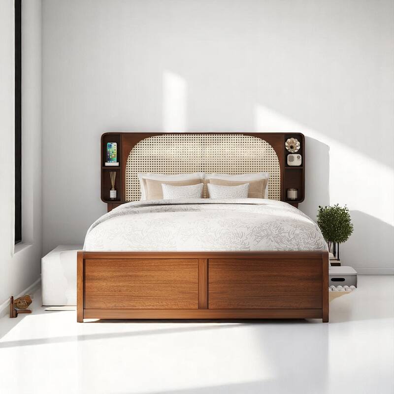 Queen Size Platform Bed with Rattan Headboard bed, 2 Drawers, Pull-Out Trundle bed, and Storage Compartments bed