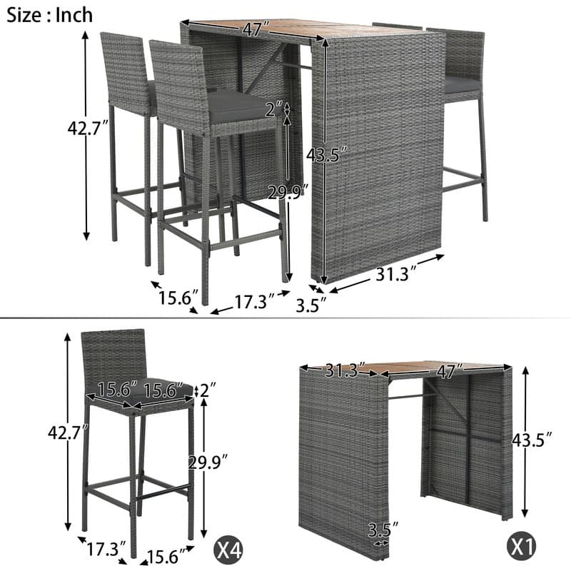 5-Piece Patio Dining Bar Set, Bar Height Chairs with Cushion