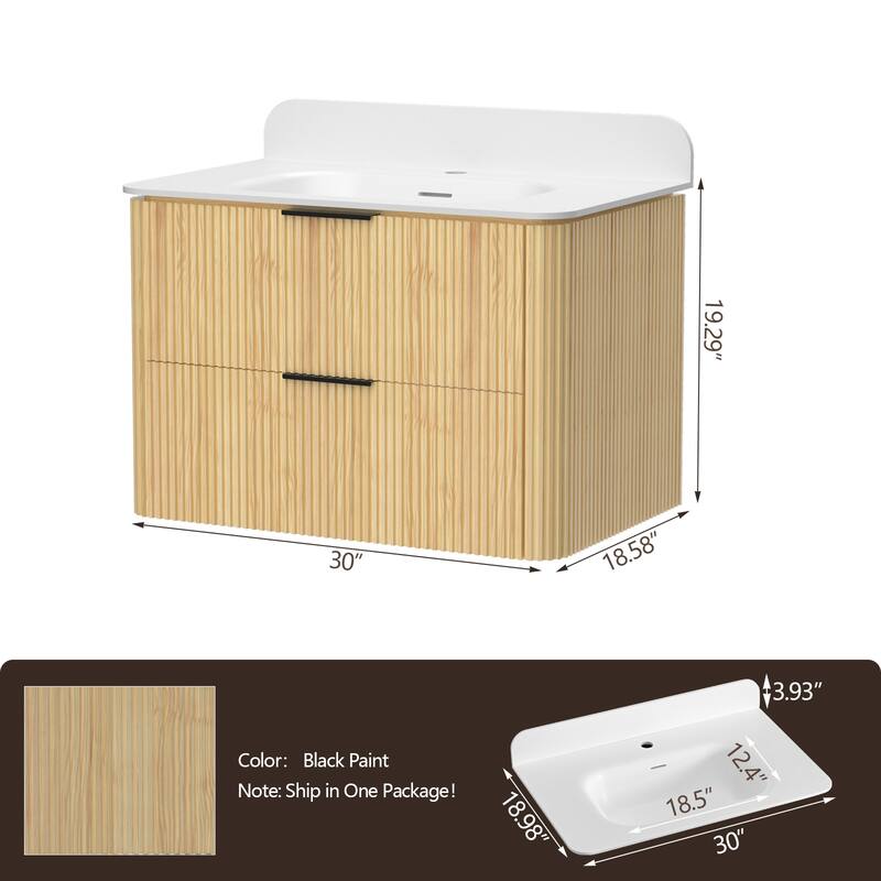 30" Floating Bathroom Vanity with Integrated countertop Rectangulare Sink Solid Wood