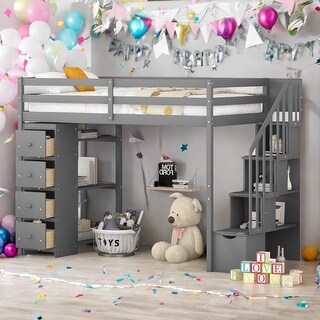 Twin size Loft Bed with Storage Drawers and Stairs,Wooden Loft Bed with Shelves