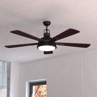 Walton 52 in. Gold Stone Ceiling Fan, Reversible Dark Bronze-Mocha Blades, Dimmable LED Light Kit and Remote, White Glass Shade