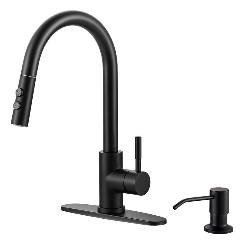 WOWOW Single Handle Pull Down Sprayer Kitchen Faucet - With Soap Dispenser - Black