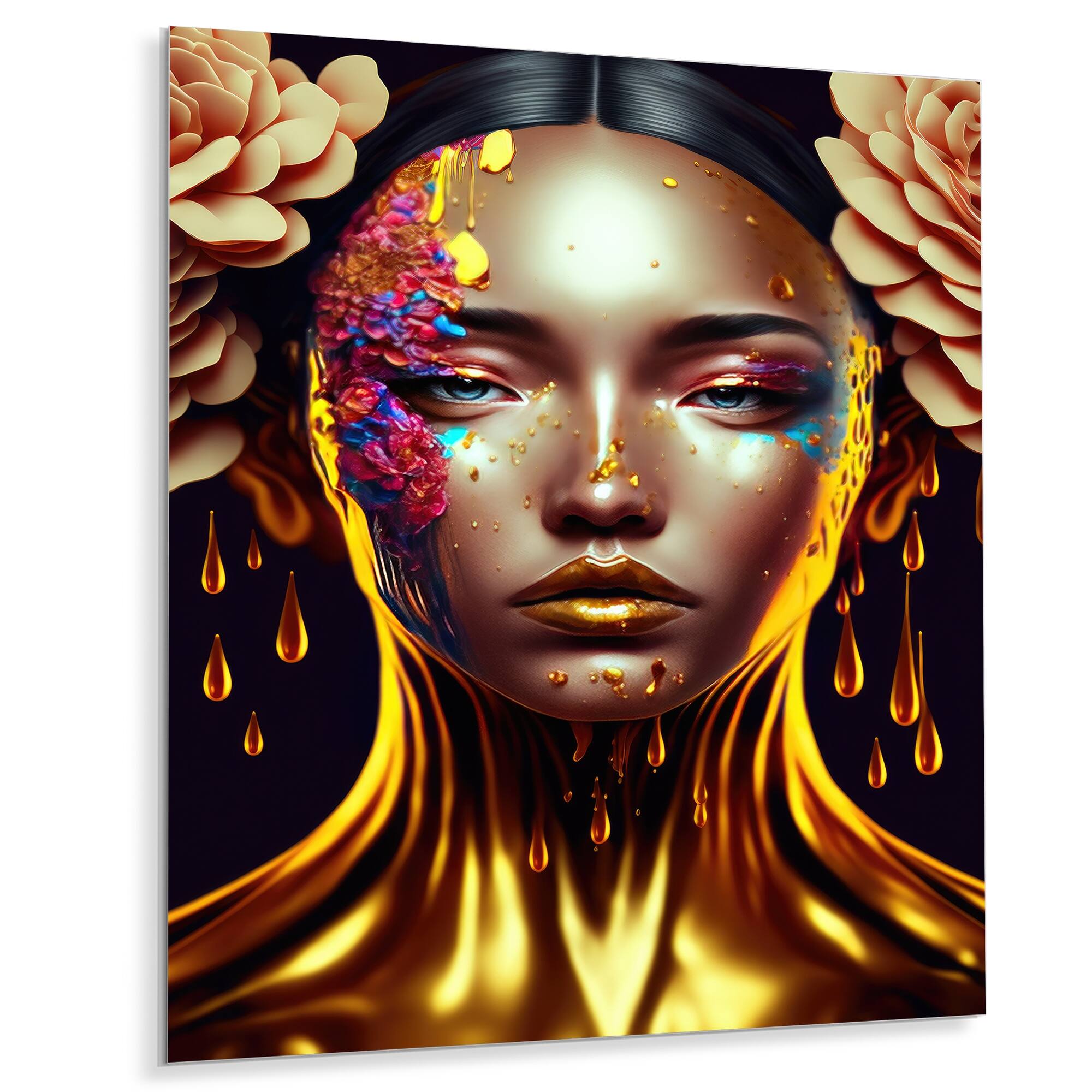 Designart 'Gold And Black Floral Asian Woman II' Asian Woman Metal Wall