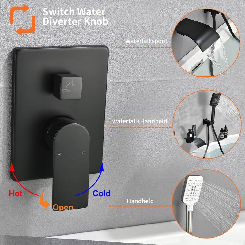 Wall Mounted Tub Faucet With Hand Sprayer Waterfall Bathtub Faucet Modern Single Handle Tub Filler Trim With Handheld Shower