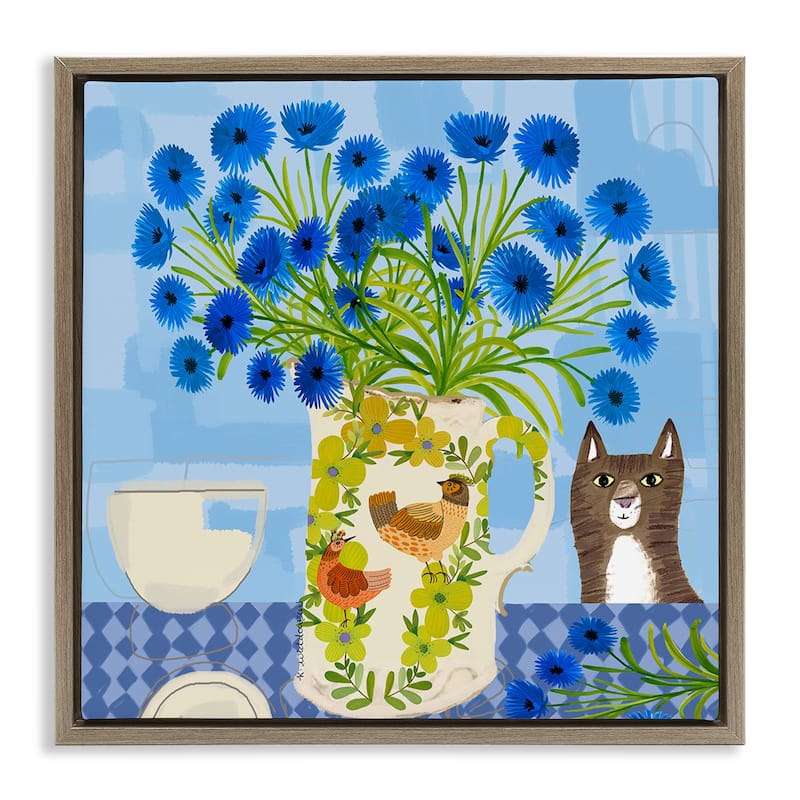Stupell Whimsical Jug of Cornflowers Framed Floater Canvas Wall Art Design By Kay Widdowson - 18 x 18 - Brown