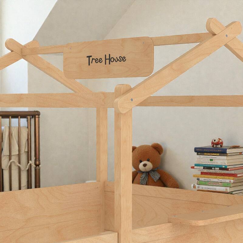 Kids House Floor Bed with Guardrails and Roof, Built-in Tray and Signboard, Montessori Floor Bed for Toddlers