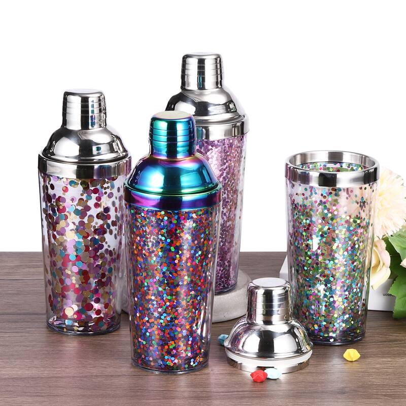16OZ/450ml Plastic Cocktail Shaker with Strainer, Stainless Steel Top, Pink