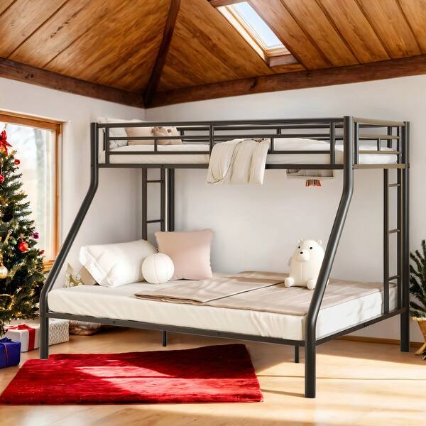 slide 2 of 30, Wider Design Twin XL over Queen Metal Bunk Bed with Ladder and Safety Guardrails Black