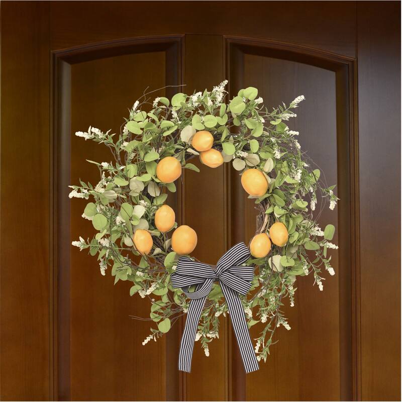 Transpac Foam 24" Yellow Spring Leaf and Lemon Wreath with Bow