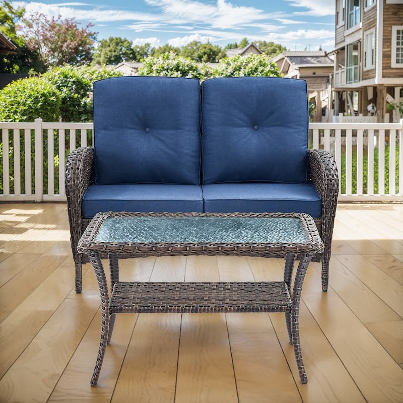 Gymojoy Outdoor Wicker Loveseat with Coffee Table and Outdoor Cushions