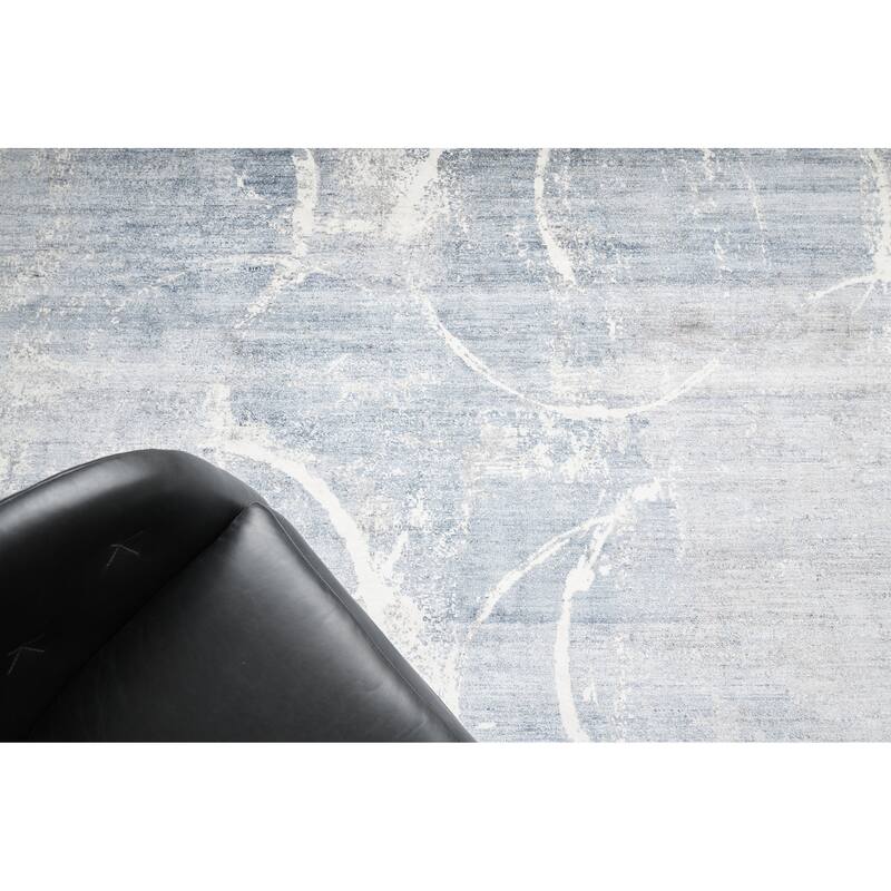 EXQUISITE RUGS Fine Pure Silk Hand-knotted Silk Blue/Grey/Ivory Area Rug.