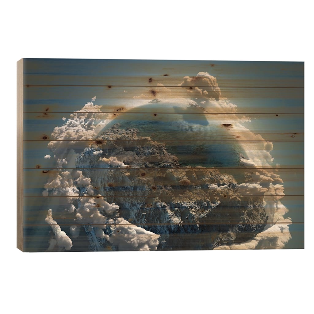 Cloud Earth In Space Print On Wood by Mike Kiev - Multi-Color