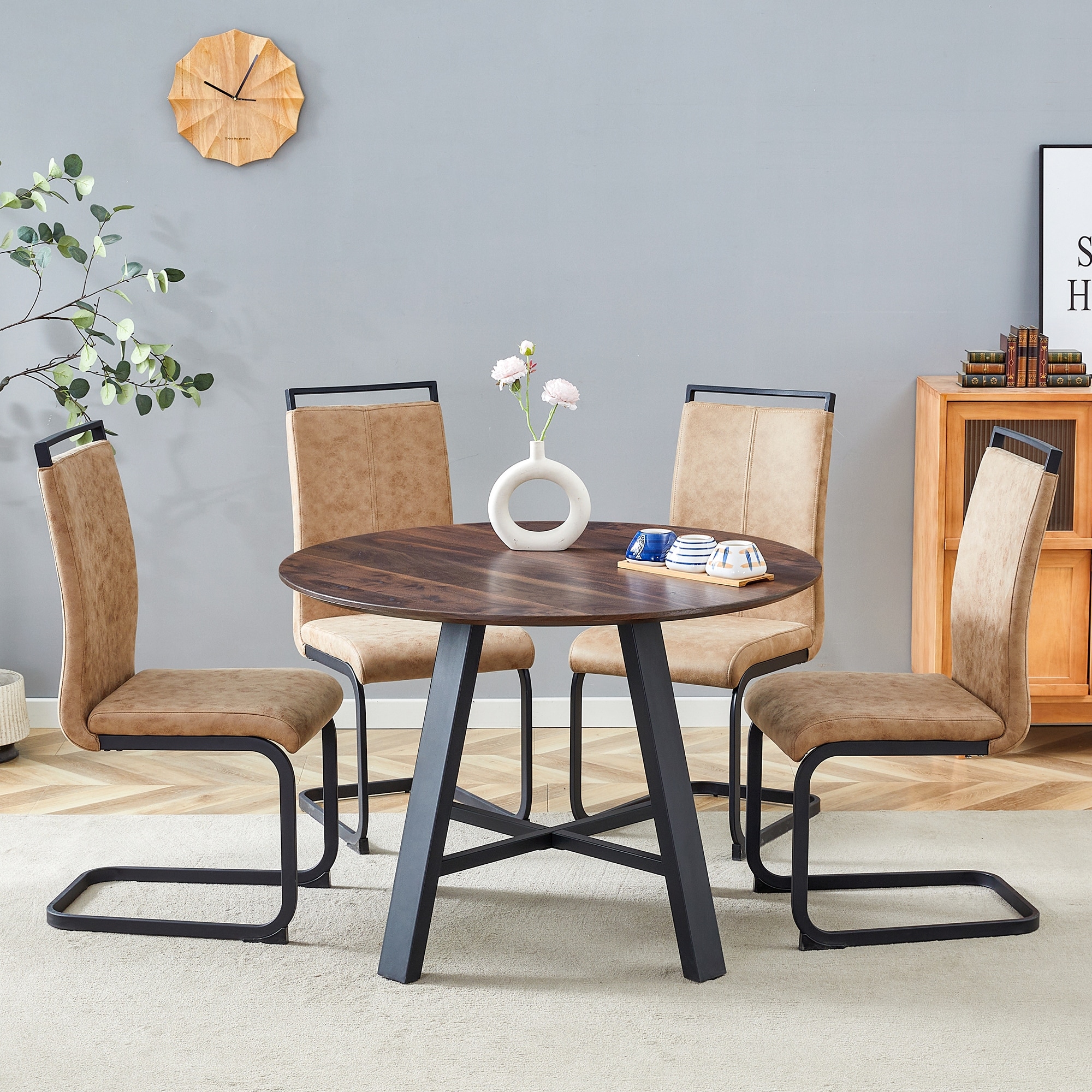 5-Piece Dining Table Set with 4 Chairs, 42" Wood Table & Chairs Set for 4, Dining RoomTable with Metal Frame for Small Space