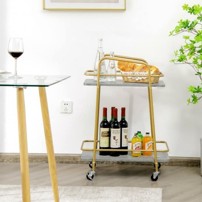 2-tier Kitchen Rolling Cart with Steel Frame and Lockable Casters-Gray - 16" x 24" x 32.5" (L x W x H)
