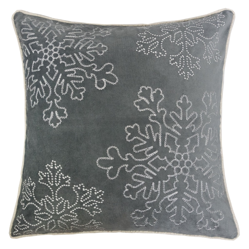 Velvet Holiday Throw Pillow 20x20 with Silver Snowflake Embroidery and Insert Set of 2
