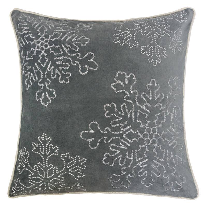 Velvet Holiday Throw Pillow 20x20 with Snowflake Embroidery and Insert - Gray