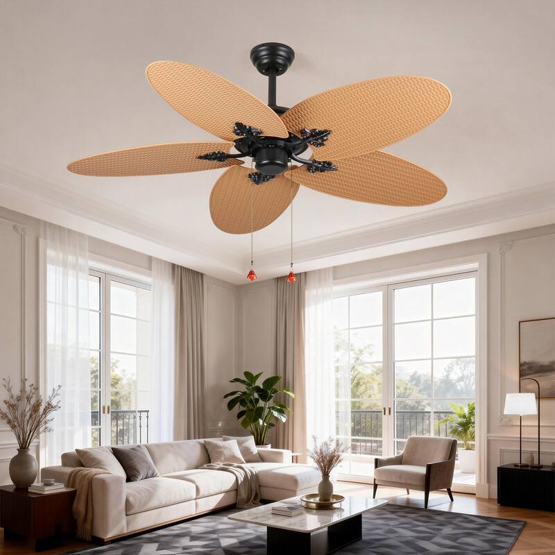52"Tropical Ceiling Fan with 5 Palm Leaf Blades, Indoor/Outdoor No Light Fan, Pull Chain Control, Dual Mounting Options