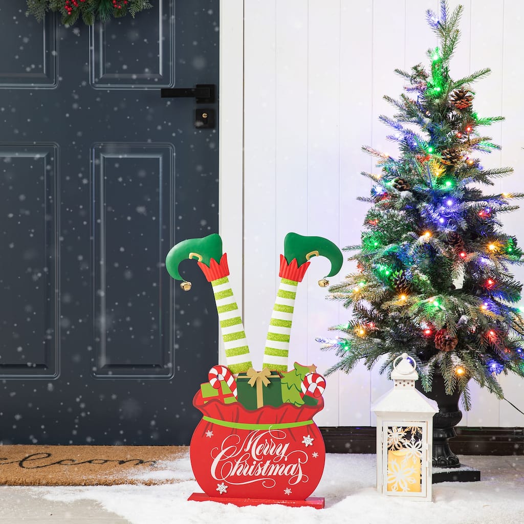 Glitzhome 24"H Christmas Wooden/Metal Elf Legs in Gift Box Porch Decor - 24.5"