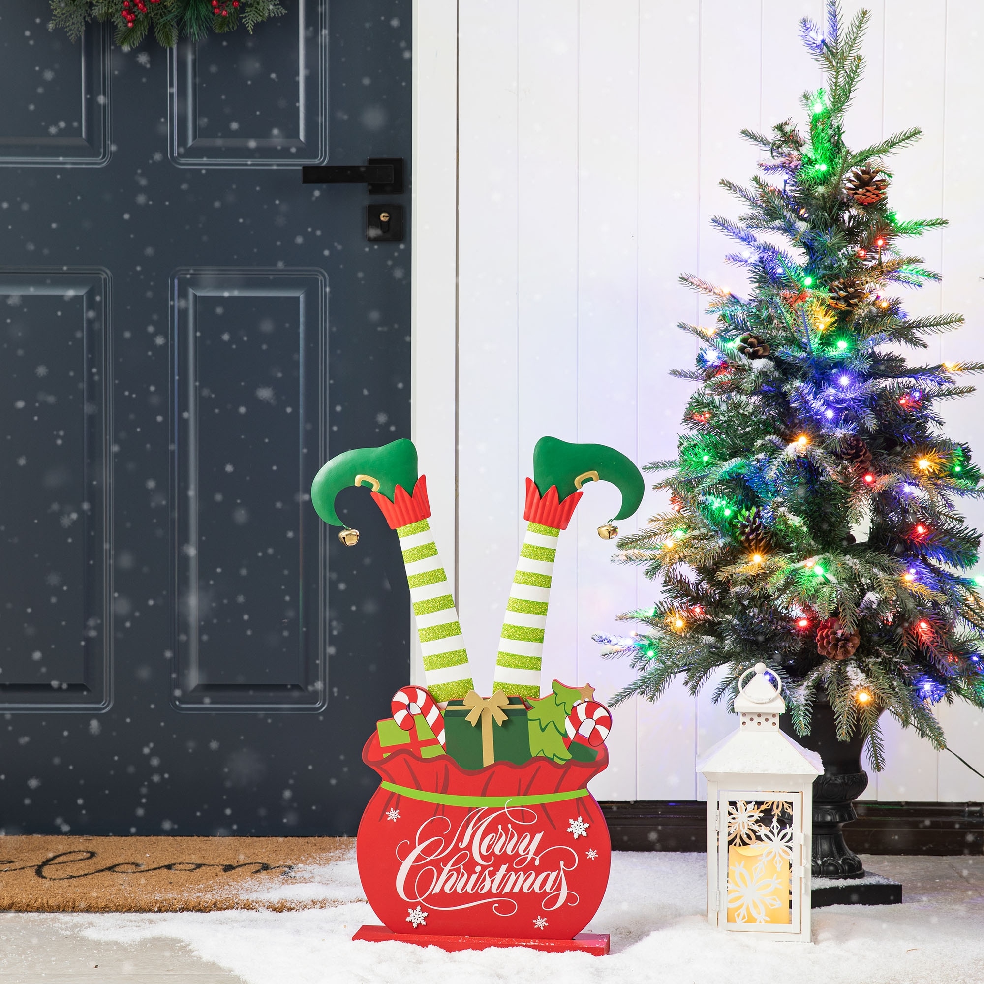 Glitzhome 24"H Christmas Wooden/Metal Elf Legs in Gift Box Porch Decor - 24.5"
