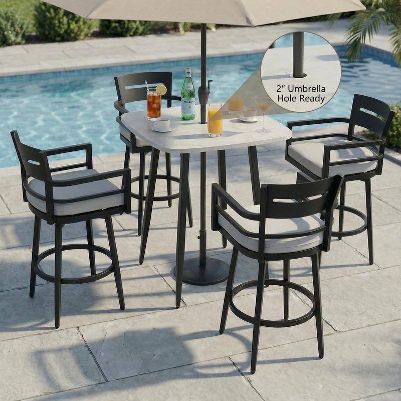 Marble-Look Square Aluminum Bar Dining Table with Umbrella Hole for Indoor and Outdoor Use