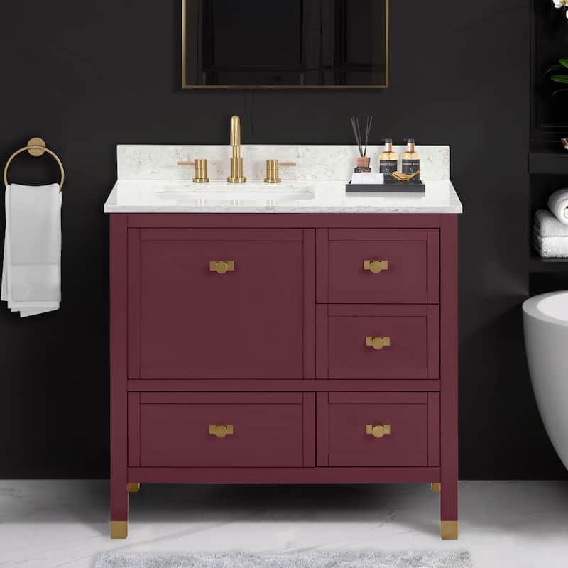 Alana Bathroom Vanity in Burgundy Red with Alluring Quartz Top - 37"W x 22"D x 35"H