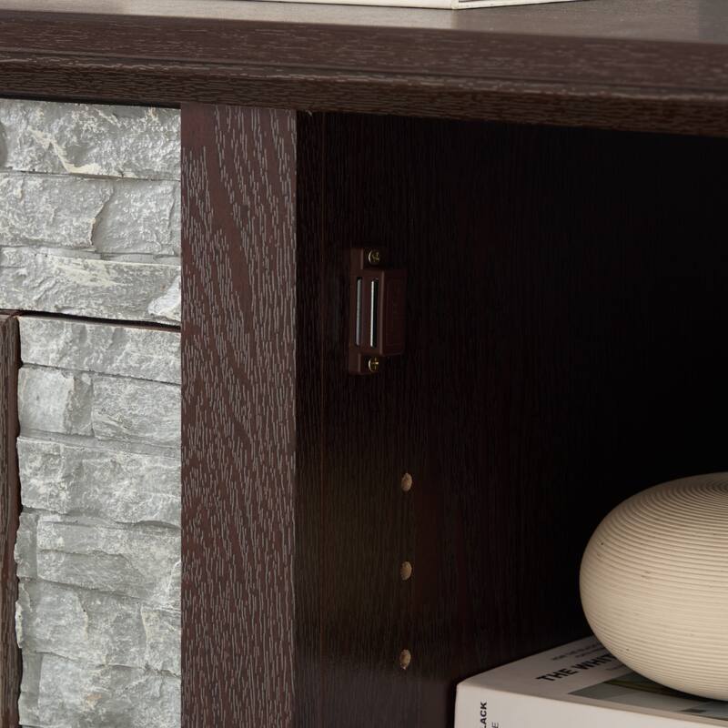 Modern TV Stand, Faux Stone Media Console Cabinet, Entertainment Center with 2-Door Storage, for Living Room, Cherry