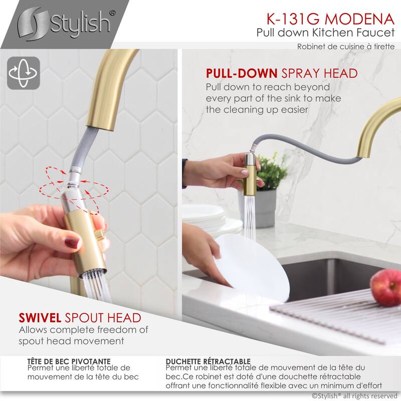 Single Handle Pull Down Kitchen Faucet with Cold Water Tap in Gold