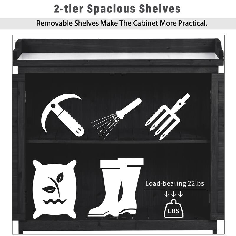 39" Potting Bench Table, Rustic Wood Workstation Storage Cabinet Garden Shed with 2-Tier Shelves and Side Hook