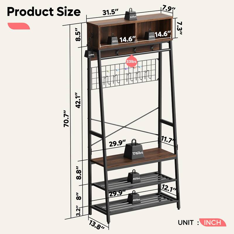 Bestier 5 in 1 Hall Tree with Cabinet Coat Rack with 3-Tier Shoes Organizer - 70 inches