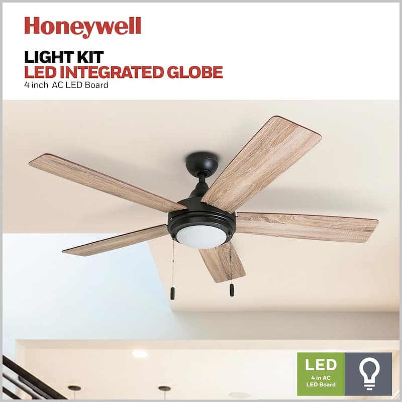 52" Honeywell Ventnor Bronze Modern Farmhouse Indoor LED Ceiling Fan with Light, Pull Chain