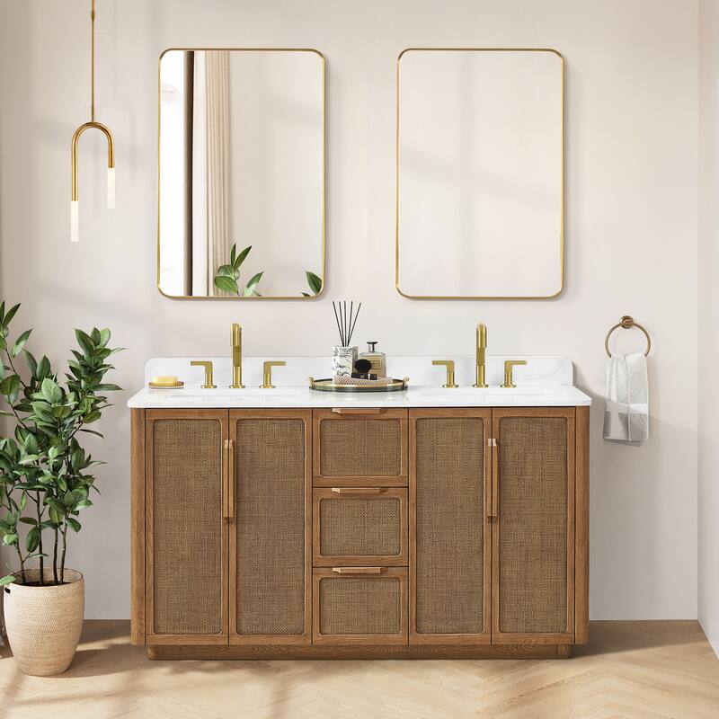 Busan Bath Vanity with White Quartz Stone Top without Mirror - 60in. - Oak Classic Brown