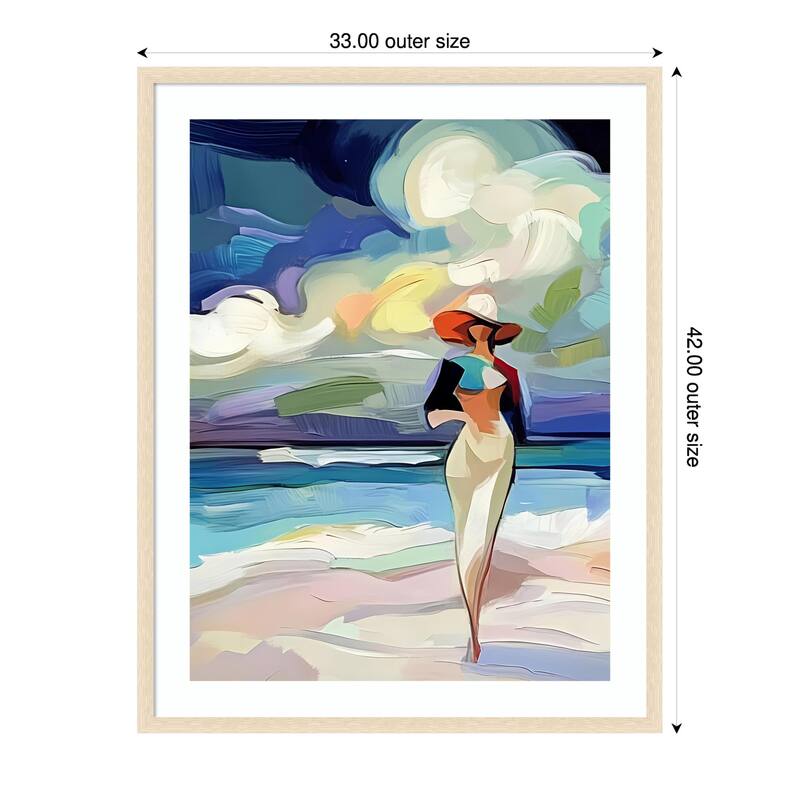Woman On the Beach by Elena Avanesova Wood Framed Wall Art Print - 33 x 42 in - Brown