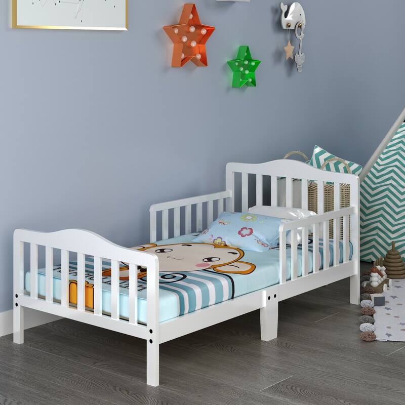 Costway Kids Toddler Wood Bed Bedroom Furniture w/ Guardrails - See Details
