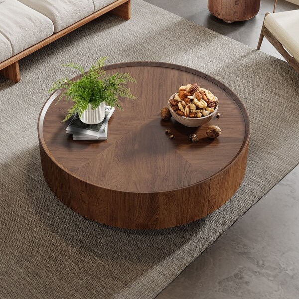 Mid-Century Modern Round Walnut Wood Finish Living Room Table for