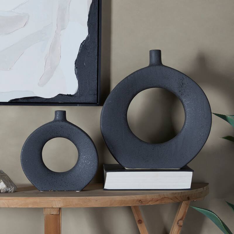 CosmoLiving by Cosmopolitan Ceramic Round Donut Shaped Vase (Set of 2) - Black or White - Black