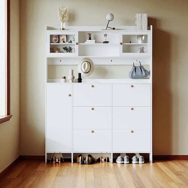 Large Hall Tree Shoe Cabinet with 6 Flip Drawers, Tempered Glass Doors & 4 Hooks, 62.1W Entryway Storage - White