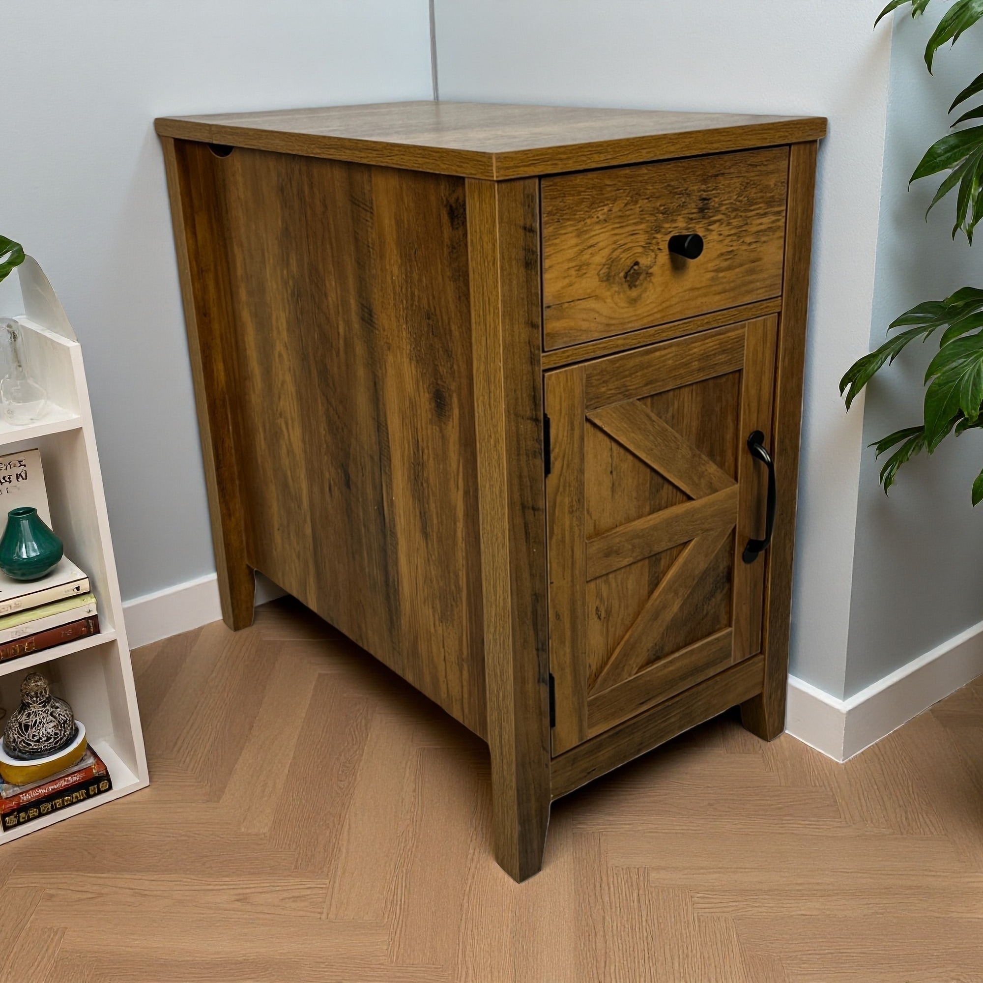13.78"L Particleboard Farmhouse End Table with Charging Station, Barn Door Nightstand with Drawer & Storage Cabinet
