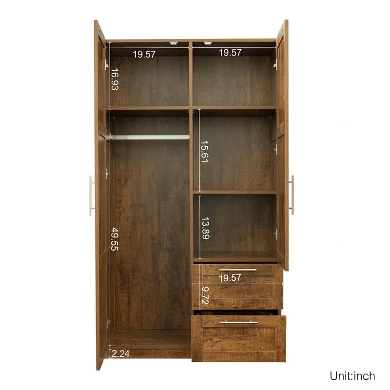 Traditional wooden wardrobe 2 door locker with 2 drawers, adjustable shelves and adult hanging rods, metal handles