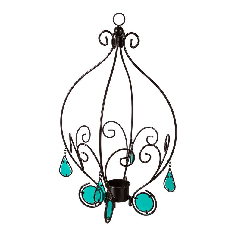 21 in. Metal Gazing Ball Hanging Holder with Blue Glass Tear Drops